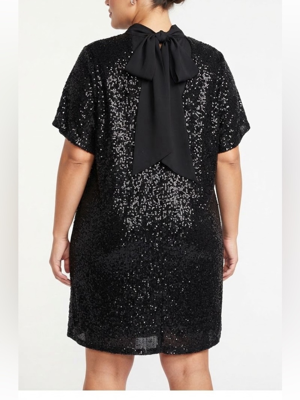 CeCe Black Sequin Cocktail Shift Dress Satin Tie Neck Short Sleeve NEW Size 2X